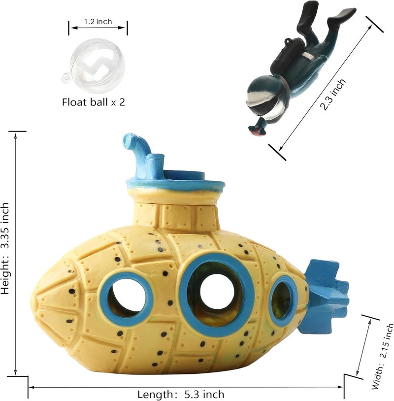SUPTEC Floating Fish Tank Decoration, LittleCute Retro Submarine AquariumDecoration with Two Float Balls,Resinous Fish Tank Accessorie - Image 3